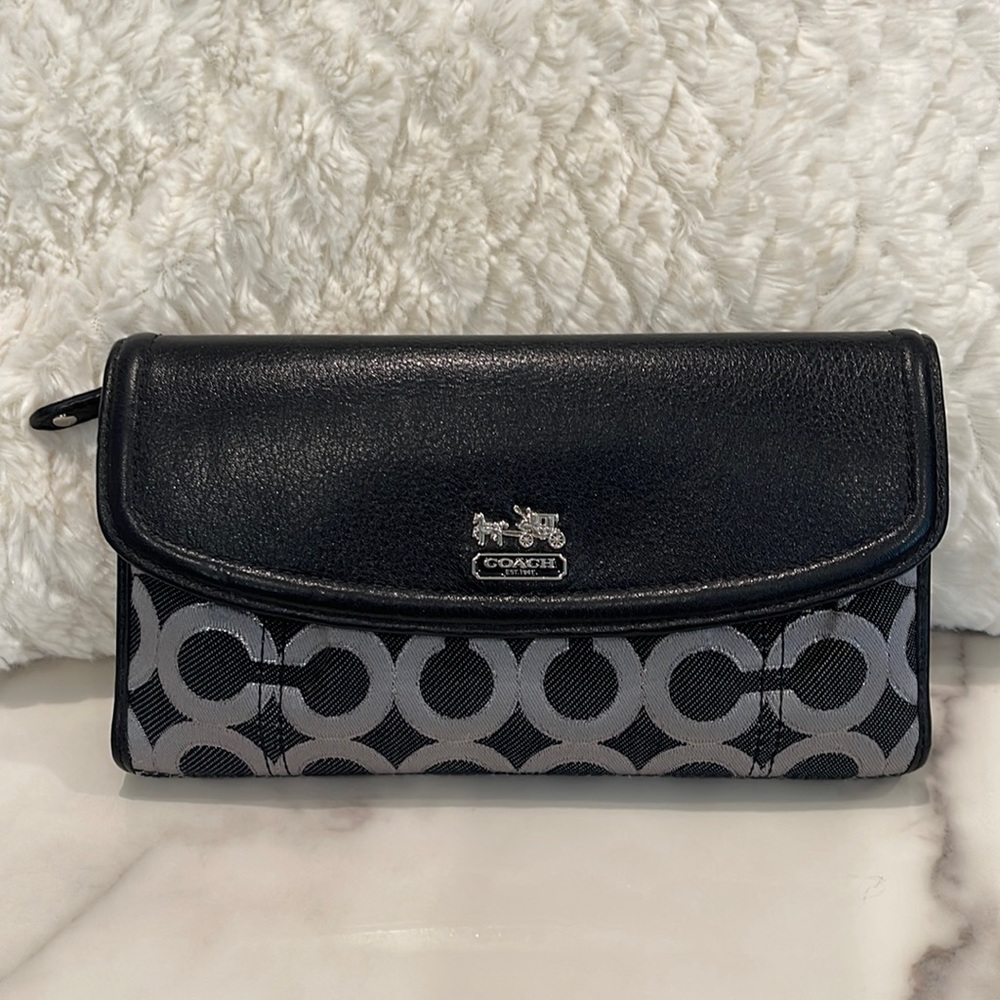 Coach wallet, leather/ fabric logo, tri-fold style, good condition